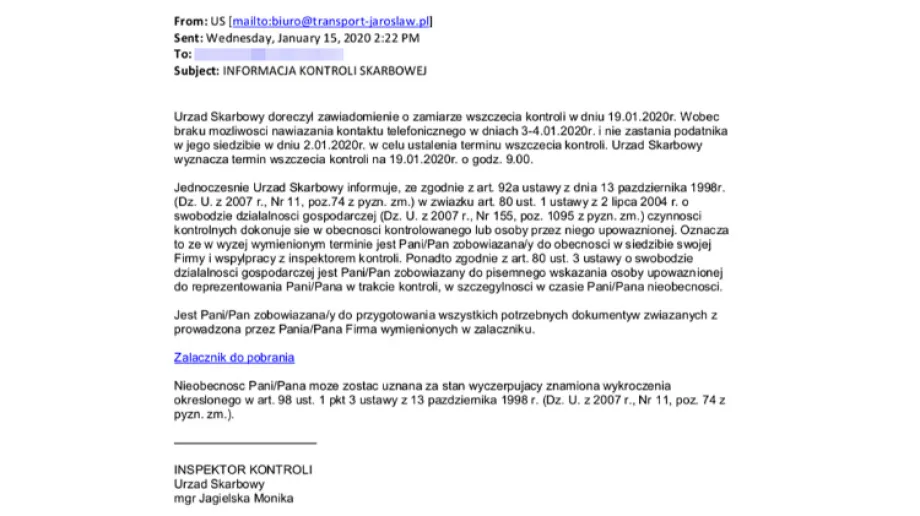 Fałszywe zawiadomienie o kontroli skarbowej