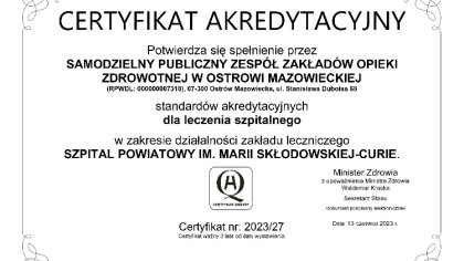 Ostrów Mazowiecka - Szpital w Ostrowi Mazowieckiej po raz kolejny otrzymał certy