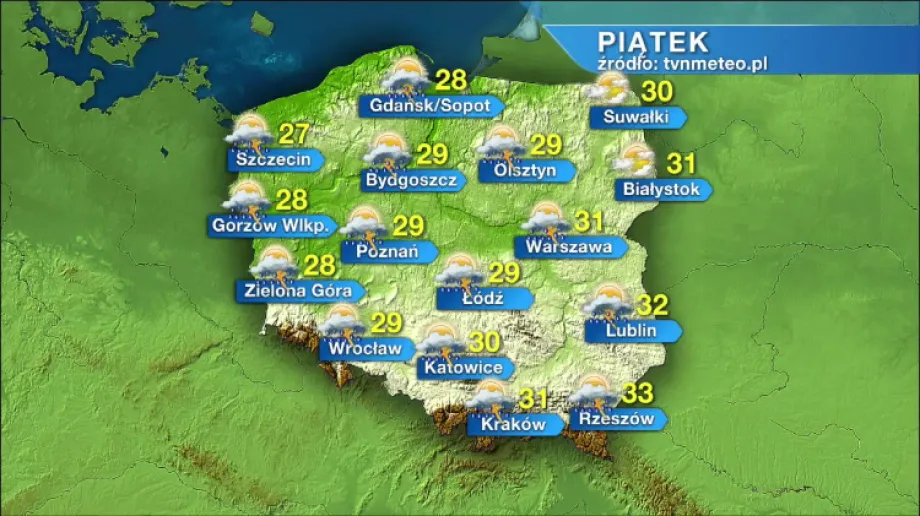 Pogodnie tylko na Podlasiu. Na pozostałym obszarze zachmurzenie zmienne, przelotne opady deszczu i burze. Temperatura od 27°C na Nizinie Szczeci?