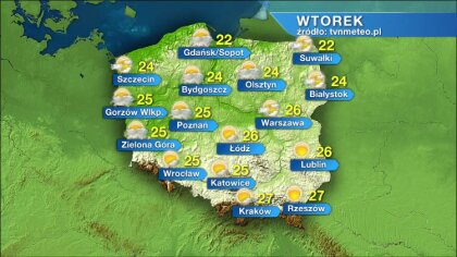 Ostrów Mazowiecka - Pogodnie, tylko na północy i zachodzie więcej chmur. Od 22°C