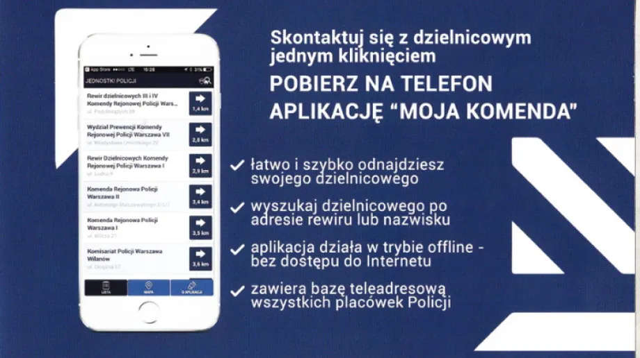 Aplikacja "Moja Komenda" znacznie ułatwi znalezienie nr. kontaktowych do dzielnicowych z KPP w Ostrowi Mazowieckiej, KP w Małkini Górnej i PP w