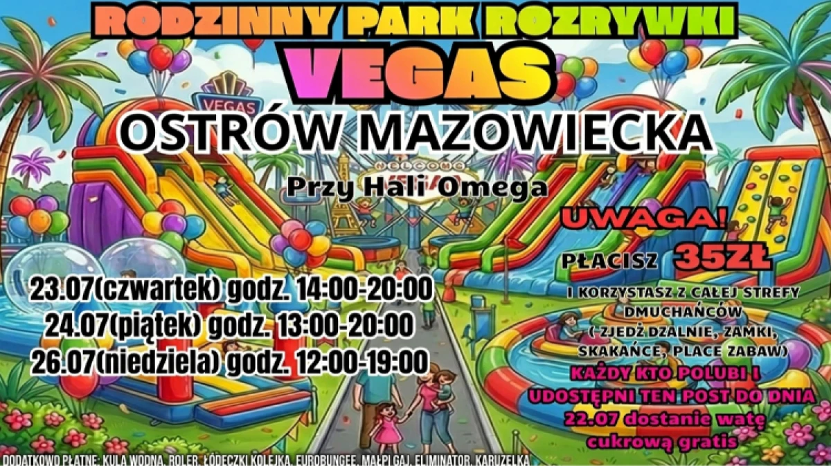 Do Ostrowi zawita Park Rozrywki VEGAS. Na najmłodszych czeka duża strefa dmuchańców, zjeżdżalnie, zamki oraz place zabaw. Organizatorzy zapow